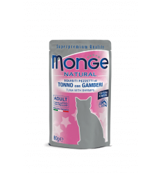 MONGE NATURAL - WET CAT POUCHES TUNA FLAKES WITH SHRIMP IN JELLY 80G KATĖMS
