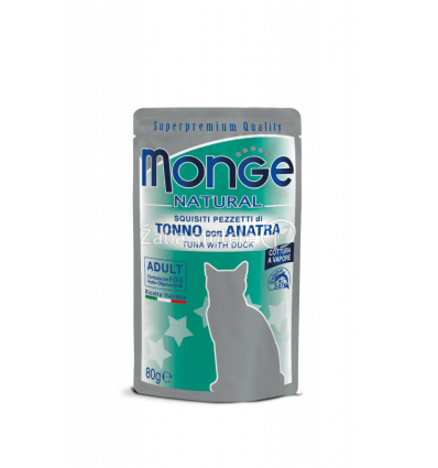 MONGE NATURAL - WET CAT POUCHES TUNA FLAKES WITH DUCK IN JELLY 80G KATĖMS