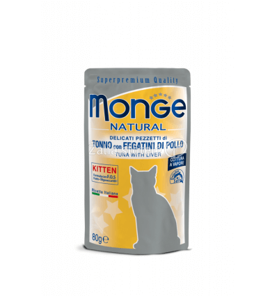 MONGE NATURAL - WET CAT POUCHES TUNA FLAKES WITH CHICKEN LIVER IN JELLY - KITTEN 80G KATĖMS
