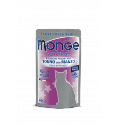 MONGE NATURAL - WET CAT POUCHES TUNA FLAKES WITH BEEF IN JELLY 80G KATĖMS