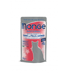 MONGE NATURAL - WET CAT POUCHES TUNA&CHICKEN FLAKES WITH SHRIMP IN JELLY 80G KATĖMS