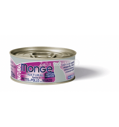 MONGE NATURAL - WET CAT CANS TUNA & CHICKEN WITH BEEF 80G KATĖMS