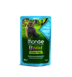 MONGE BWILD CAT POUCHES GRAIN FREE ADULT ANCHOVIES AND VEGETABLES 85G KATĖMS