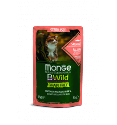 MONGE BWILD CAT POUCHES GRAIN FREE ADULT STERILISED SALMON, SHRIMPS VEGETABLES 85G KATĖMS